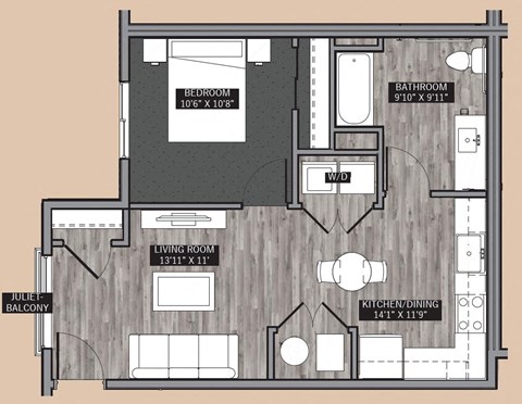 Floor plan for 1 bed, 1 bath, 622 sqft